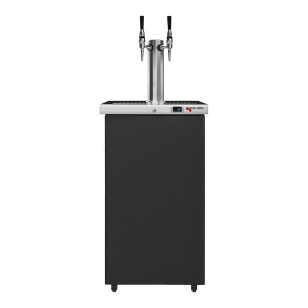 A black Micro Matic nitro cold brew coffee dispenser with two taps.