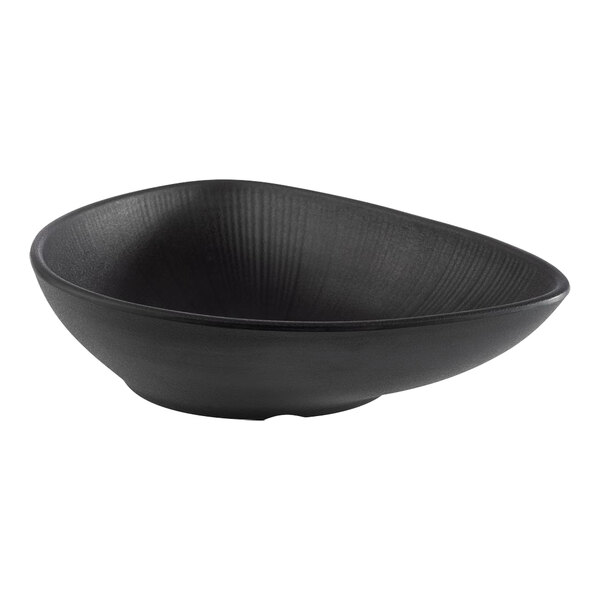 A black APS melamine bowl with a curved edge.