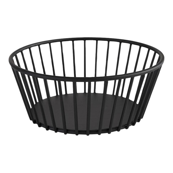 A black metal round wire basket with a circular rim.