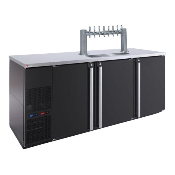 A black and silver Micro Matic Pro-Line dual zone kegerator with 8 taps.