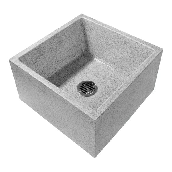 A square terrazzo Stern-Williams mop sink basin with a drain.