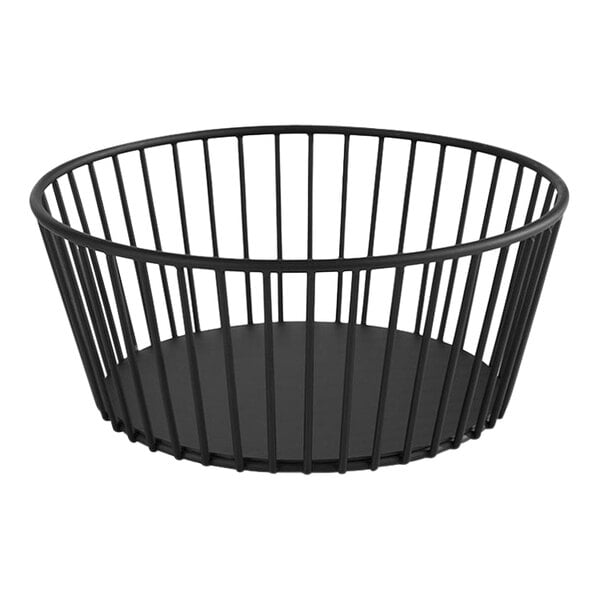 An APS black metal wire basket with a circular rim.
