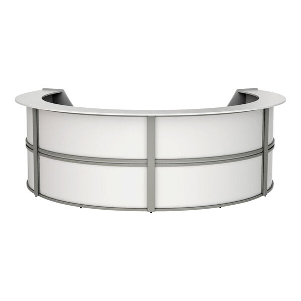 A white laminate curved reception counter with a curved top.
