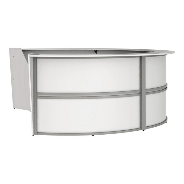 A white curved reception desk with a white and grey curved top.