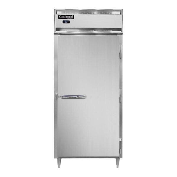 A silver Continental Refrigerator with a white door and a handle.