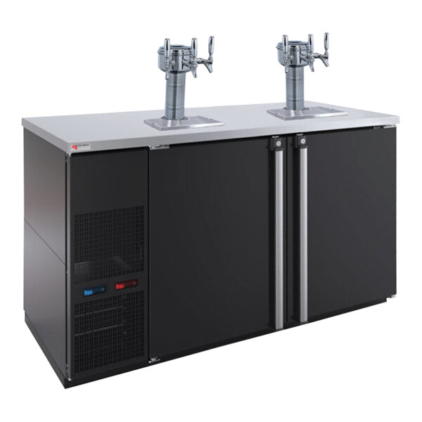 A black Micro Matic dual zone kegerator with two beer taps on a bar counter.