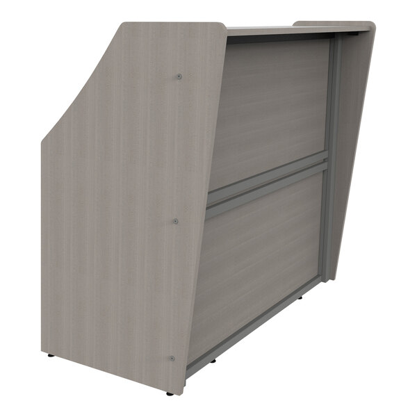 A grey wooden Correll reception desk with a black top.