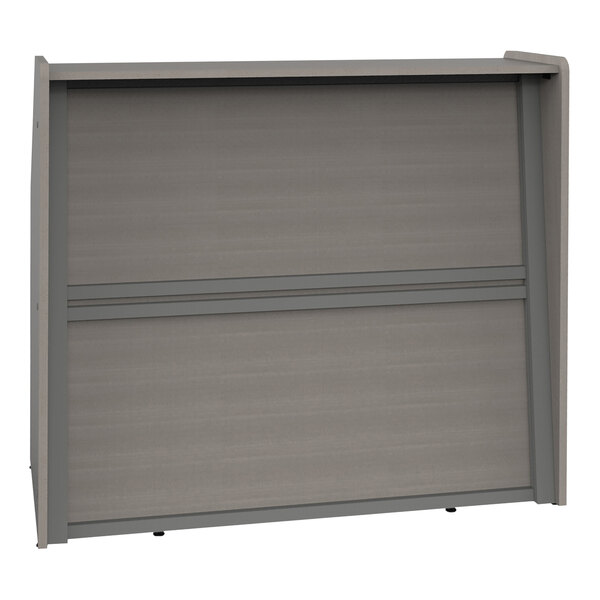 A grey wood Correll reception desk with a sliding door.