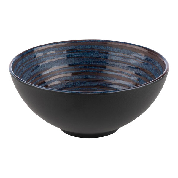 A round melamine bowl with a blue and black striped pattern.
