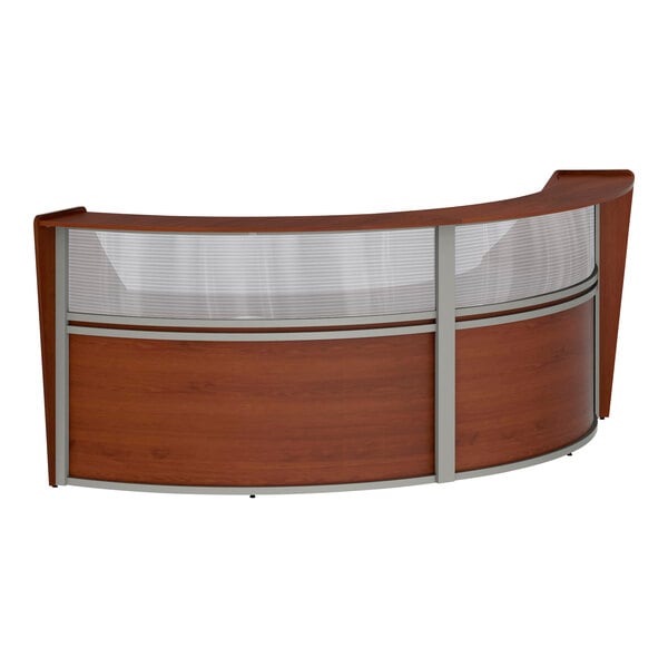 A Correll curved reception desk with a see-through top panel.