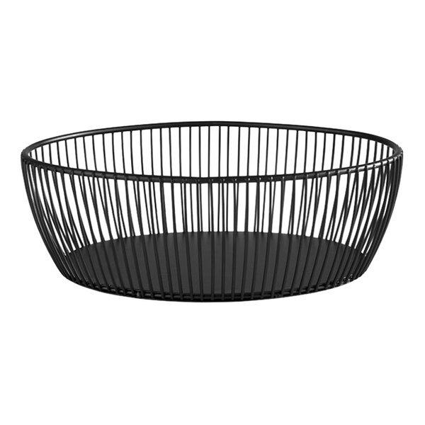 An APS black metal oval wire basket with a circular rim.