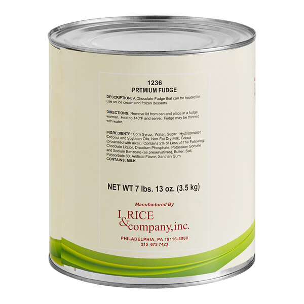 A white #10 can of I. Rice Premium Hot Fudge Dessert/Sundae Topping.