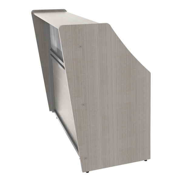 A white and grey wooden reception desk with a see-through panel.