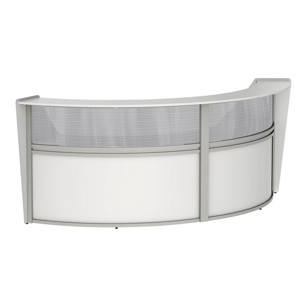 A white curved reception desk with a glass top.