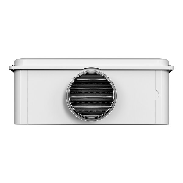 A white box with a round vent for an Eccotemp natural gas tankless water heater.