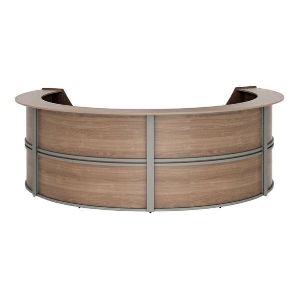 A wooden Correll curved reception counter with a metal frame.