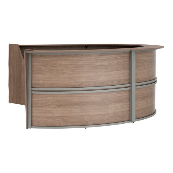 A walnut laminate Correll 4 panel curved U-shape reception counter.