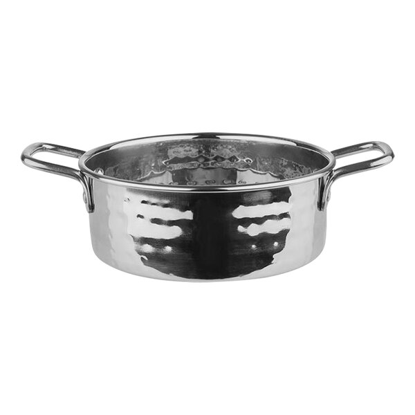 A silver stainless steel serving pot with handles.