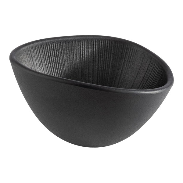 A black APS Nero melamine bowl with a curved edge and a spiral design.