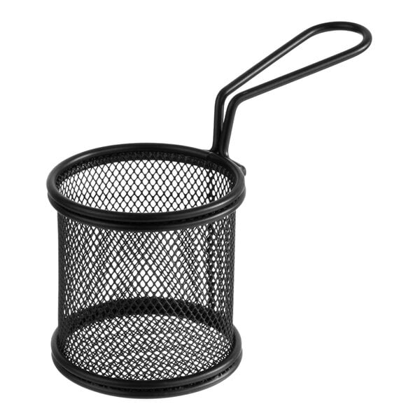 A matte black stainless steel mini fry basket with a handle.