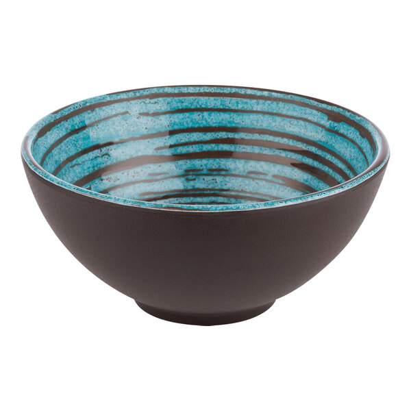 An APS Cancun melamine bowl with blue and black stripes.