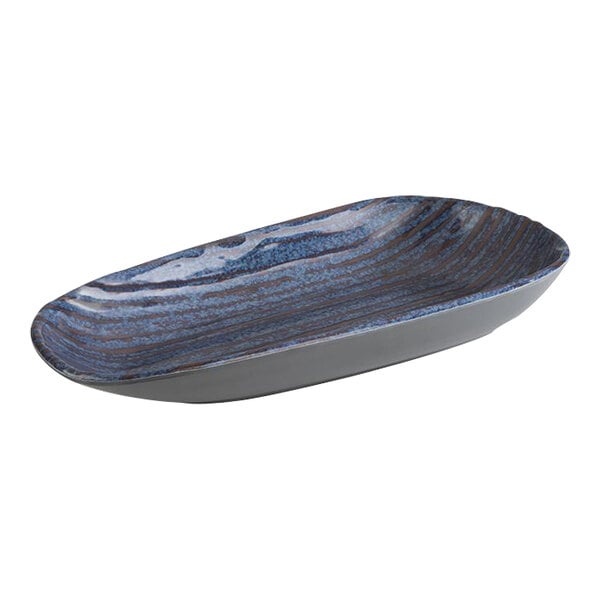 A rectangular blue and black oblong melamine bowl with APS Loops on a table.