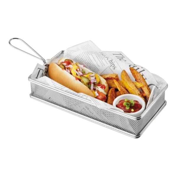 A rectangular stainless steel tray with a hot dog and french fries.