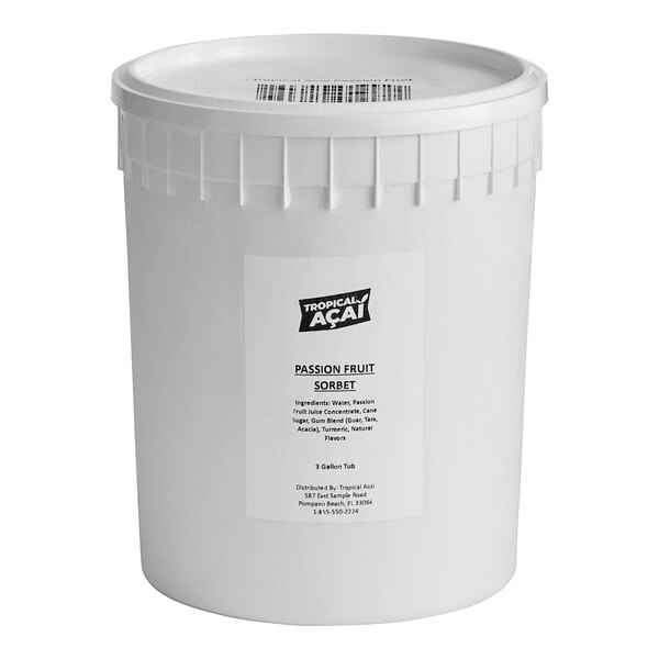A white bucket of Tropical Acai Premium Passion Fruit Sorbet.
