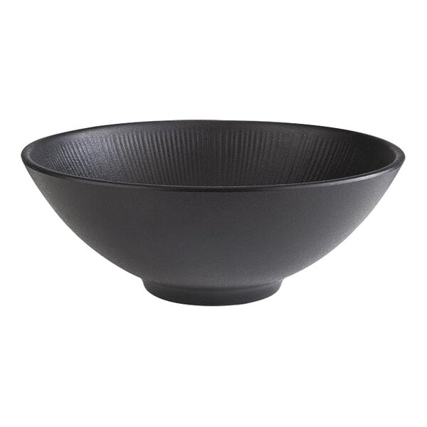 A black APS melamine bowl with a spiral design.