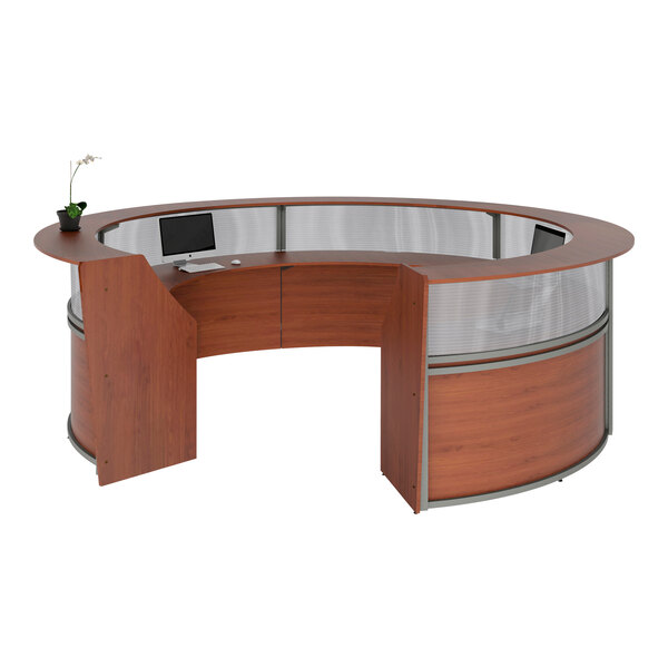 A cherry laminate curved reception desk with a see-through top panel.