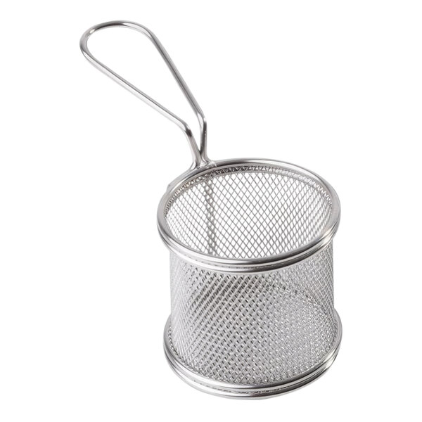 A silver stainless steel round mini fry basket with a handle.