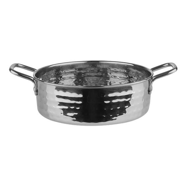 A silver round stainless steel serving pot with handles.