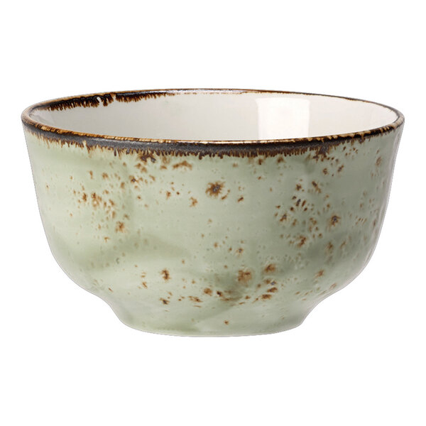 An 8 oz. green ceramic sugar or bouillon cup with a speckled finish and a slightly flared rim.