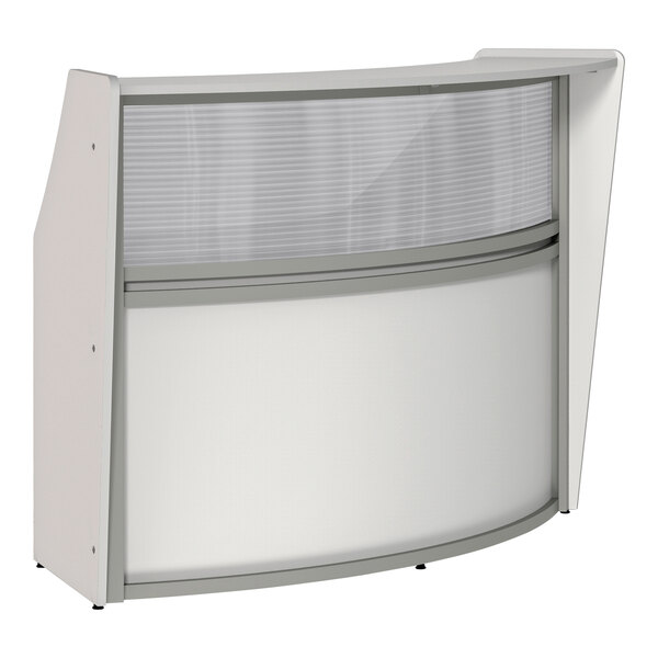 A white and grey Correll curved reception desk.