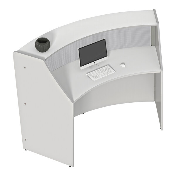 A white Correll reception desk with a computer monitor and keyboard.