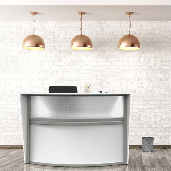 A white Correll single panel curved reception desk.