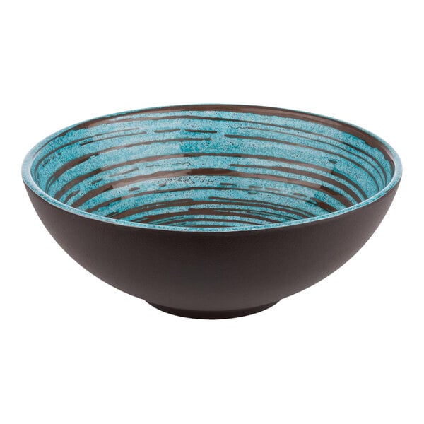 An APS round melamine bowl with blue and brown stripes.