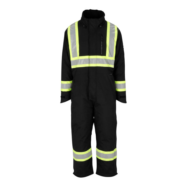 A black Tingley cold gear coverall with yellow and silver reflective stripes.