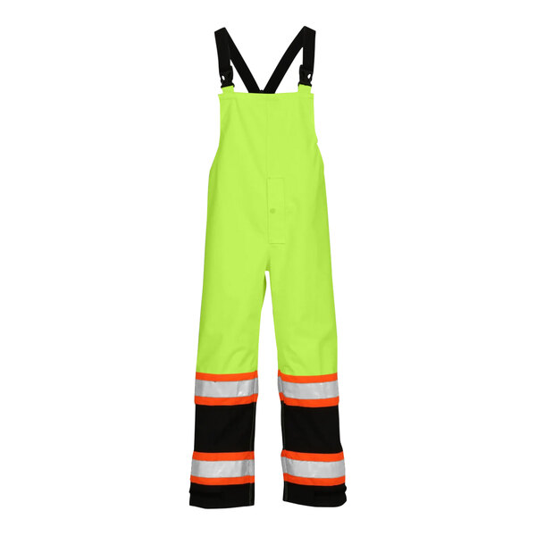 Tingley lime green overalls with black cuffs and reflective stripes.