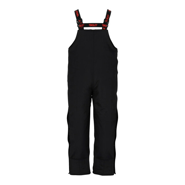 A pair of black Tingley insulated overalls with red straps.