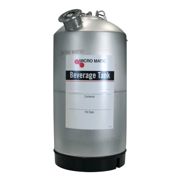 A Micro Matic stainless steel beverage tank with a white label.