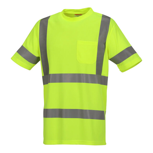 A Tingley hi-vis yellow short sleeve safety shirt with grey reflective stripes.
