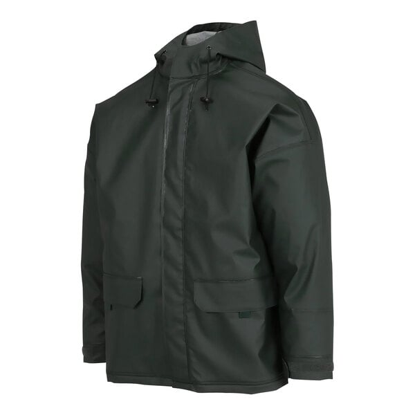 A green Tingley weather-tuff rain jacket with a hood.