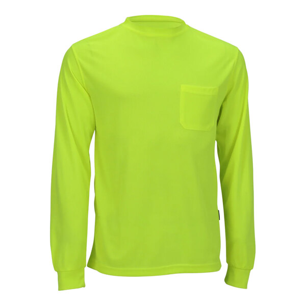 A close up of a lime green long sleeve Tingley safety shirt with a pocket.