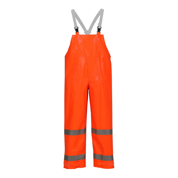 Tingley Comfort-Brite Class E Hi-Vis Orange Rain Overalls with grey straps and reflective stripes.