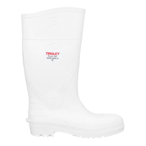 A Tingley white knee boot with a logo in red.