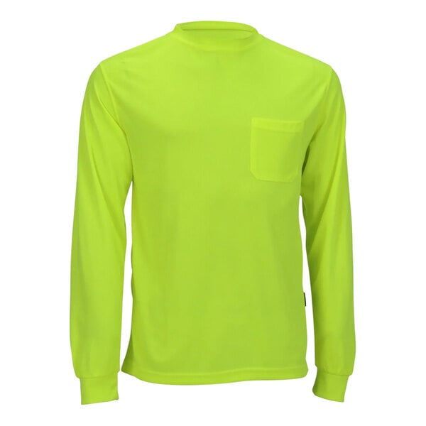 A close up of a lime green long sleeve Tingley safety shirt.