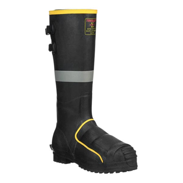 A black and yellow Tingley steel toe boot with a yellow stripe.