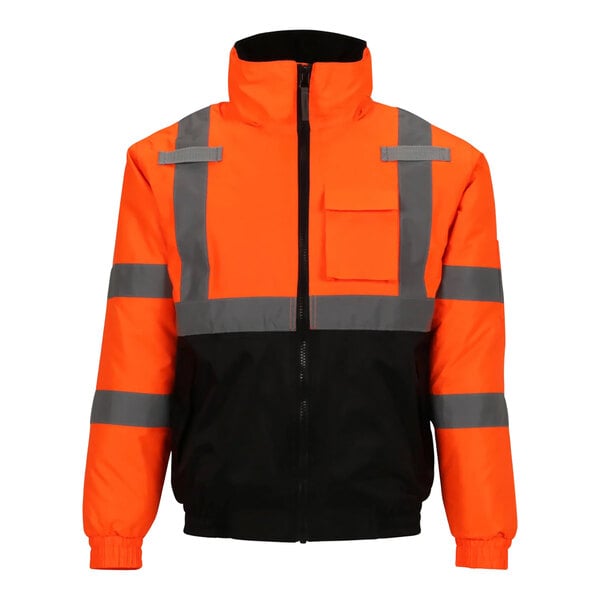 An orange Tingley Bomber II work jacket with black panels and reflective stripes.