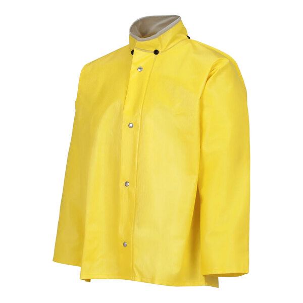 A close up of a yellow Tingley Webdri rain jacket with buttons and a collar.